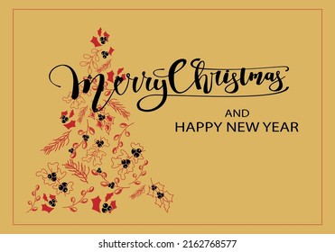 Vector. Merry Christmas and Happy New Year floral background, text design. Rustic horizontal template for a Christmas card, party invitation and other promotional items. Hand-drawn sketch.