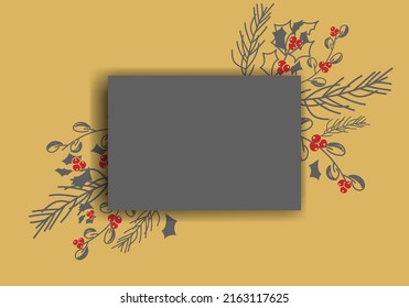 Vector. Merry Christmas and Happy New Year floral background, copy space for your text. Rustic horizontal template for Christmas cards, wedding invitations, party invitation. Hand-drawn sketch.