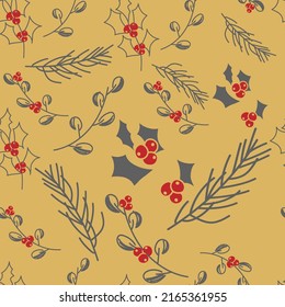 Vector. Merry Christmas, Happy New Year seamless pattern with leaves, berries, holly and spruce branches. Seamless winter background. Design for wrapping paper, greeting cards, textiles, branding.