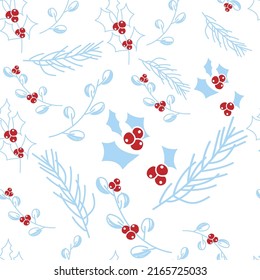 Vector. Merry Christmas, Happy New Year seamless pattern with leaves, berries, holly and spruce branches. Seamless winter background. Design for wrapping paper, greeting cards, textiles, branding.