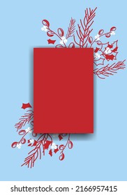 Vector. Merry Christmas and Happy New Year floral background, copy space for your text. Rustic vertical frame template for Christmas cards, wedding invitations, party invitation. Hand-drawn sketch.