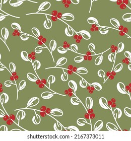 Vector. Merry Christmas, Happy New Year seamless pattern with mistletoe leaves, berries, holly branches. Seamless winter background. Design for wrapping paper, greeting cards, textiles, branding.