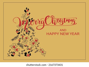 Vector. Merry Christmas and Happy New Year floral background, text design. Rustic horizontal template for a Christmas card, party invitation and other promotional items. Hand-drawn sketch.