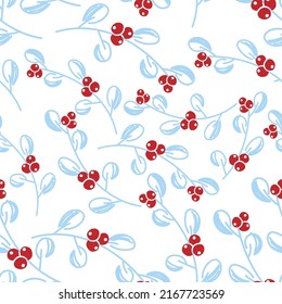 Vector. Merry Christmas, Happy New Year seamless pattern with mistletoe leaves, berries, holly branches. Seamless winter background. Design for wrapping paper, greeting cards, textiles, branding.