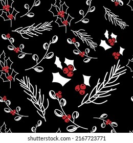 Vector. Merry Christmas, Happy New Year seamless pattern with leaves, berries, holly and spruce branches. Seamless winter background. Design for wrapping paper, greeting cards, textiles, branding.