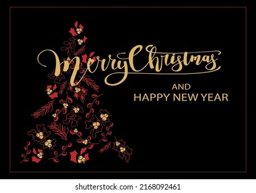 Vector. Merry Christmas and Happy New Year floral background, text design. Rustic horizontal template for a Christmas card, party invitation and other promotional items. Hand-drawn sketch.