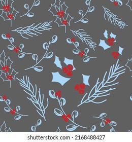 Vektorgrafik. Frohe Weihnachten, Fröhliches Neujahr nahtloses Muster mit Blättern, Beeren, Heiligen und Fichtenbranden. Nahtloser Winterhintergrund. Design für Packpapier, Grußkarten, Textilien, Branding.