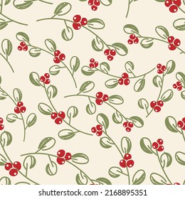 Vector. Merry Christmas, Happy New Year seamless pattern with mistletoe leaves, berries, holly branches. Seamless winter background. Design for wrapping paper, greeting cards, textiles, branding.