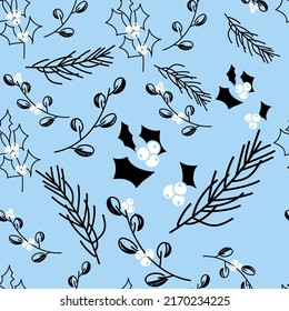 Vector. Merry Christmas, Happy New Year seamless pattern with leaves, berries, holly and spruce branches. Seamless winter background. Design for wrapping paper, greeting cards, textiles, branding.