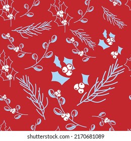 Vector. Feliz Navidad, Feliz Año Nuevo patrón sin fisuras con hojas, bayas, ramas huecas y picantes. El fondo del invierno es impecable. Diseño para envolver papel, tarjetas de felicitación, textiles, marca.