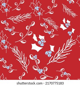 Vector. Merry Christmas, Happy New Year seamless pattern with leaves, berries, holly and spruce branches. Seamless winter background. Design for wrapping paper, greeting cards, textiles, branding.