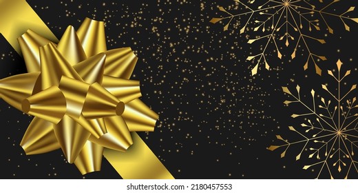 Vector. Merry Christmas and Happy New Year banner. Golden snowflakes, self-adhesive realistic bows on a black background. Horizontal Christmas posters, cards, headers, website. Copy space for text.