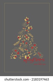Vector. Feliz Navidad y Feliz Año Nuevo con fondo floral, diseño de texto. Plantilla vertical rústica para una tarjeta de Navidad, invitación de fiesta y otros artículos promocionales. Esbozo dibujado a mano.