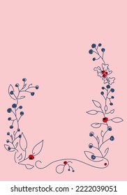 Vector. Merry Christmas and Happy New Year floral background, copy space for your text. Rustic vertical frame template for Christmas cards, wedding invitations, party invitation. Hand-drawn sketch.