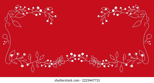 Vector. Merry Christmas and Happy New Year floral background, copy space for text. Rustic horizontal frame template for Christmas cards, wedding invitations, party invitations. Hand-drawn sketch.