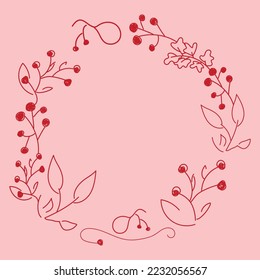 Vector. Merry Christmas and Happy New Year floral background, copy space for text. Rustic circle frame template for Christmas cards, wedding invitations, party invitations. Hand-drawn sketch.