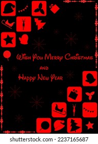 Vector of Merry Christmas and Happy New Year greeting card. red and black gift box, xmas tree, hand glows, reindeer, wooden cart, leaves, candy creatively arranged on square boxes on black background.