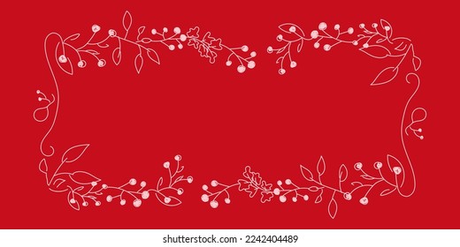 Vector. Merry Christmas and Happy New Year floral background, copy space for text. Rustic horizontal frame template for Christmas cards, wedding invitations, party invitations. Hand-drawn sketch.