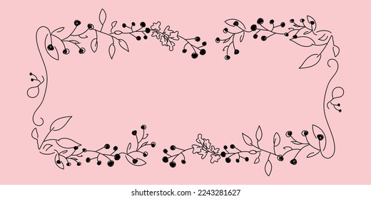 Vector. Merry Christmas and Happy New Year floral background, copy space for text. Rustic horizontal frame template for Christmas cards, wedding invitations, party invitations. Hand-drawn sketch.