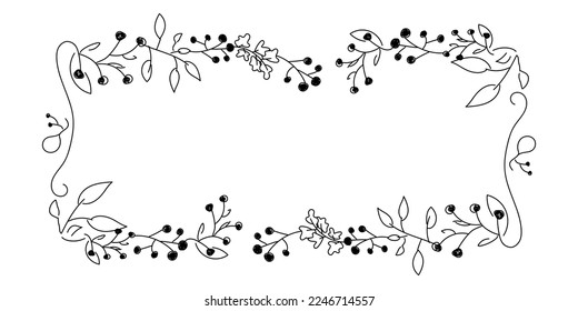 Vector. Merry Christmas and Happy New Year floral background, copy space for text. Rustic horizontal frame template for Christmas cards, wedding invitations, party invitations. Hand-drawn sketch.