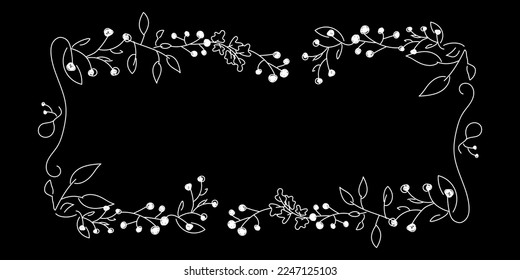 Vector. Merry Christmas and Happy New Year floral background, copy space for text. Rustic horizontal frame template for Christmas cards, wedding invitations, party invitations. Hand-drawn sketch.