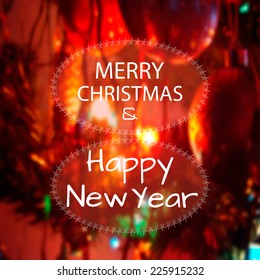 Vector Merry Christmas and Happy New Year card design. Christmas greeting card on a Christmas lights defocused background.