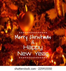 Vector Merry Christmas and Happy New Year card design. Christmas greeting card on a Christmas lights defocused background.