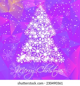 Vector merry Christmas and Happy new year card with Christmas tree, snowflakes and purple polygon background. New year party invitation template. web page Christmas background