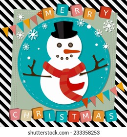 Vector Merry Christmas and happy new year scrapbooking card with text, childish stylized image of snowman and snow