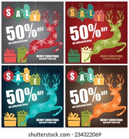 Vector : Merry Christmas and Happy New Year Sale Brochure, Leaflet or Banner With Colorful Sale Tag With 50% Off on Selected Item, Reindeer, Gift Box and Merry Christmas and Happy New Year Text