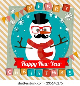 Vector Merry Christmas and happy new year scrapbooking card with text, childish stylized image of hipster snowman with mustaches, glasses and snow