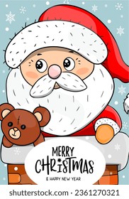Vector Merry Christmas and Happy New Year greeting card set with cute santa claus and hand drawn lettering. Kawaii santa in the chimney with gerland in hands. Christmas template for print 2024