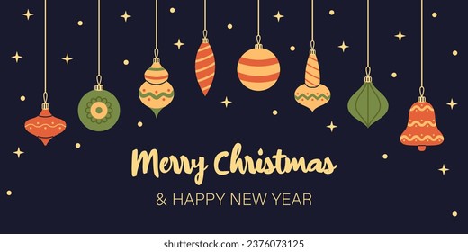 Vector Merry Christmas and Happy New Year banner. Template with christmas baubles, decorations and ornaments. Christmas banner design with stars and lights.