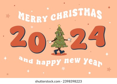 Vector Merry Christmas and Happy New Year greeting card with Christmas tree. Illustration in retro groovy style with Peach Fuzz background, color of the year 2024. Holiday greeting banner