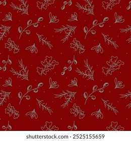 Vector. Merry Christmas, Happy New Year seamless pattern with leaves, berries, holly and spruce branches. Rustic winter background. Design for wrapping paper, greeting cards, textiles, branding.