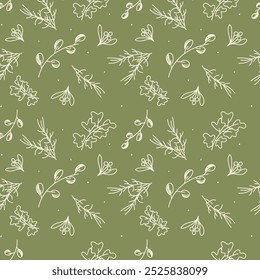 Vector. Merry Christmas, Happy New Year seamless pattern with leaves, berries, holly and spruce branches. Rustic winter background. Design for wrapping paper, greeting cards, textiles, branding.