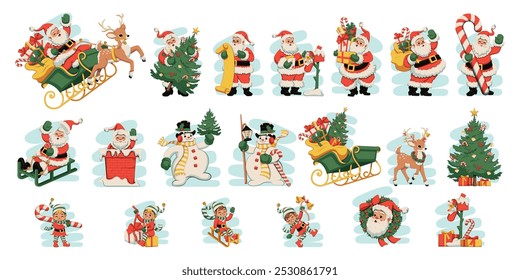 Vector Merry Christmas Happy New Year Cartoon sticker Set Illustration Isolated