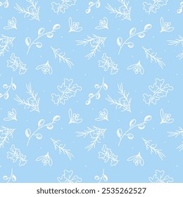 Vector. Merry Christmas, Happy New Year seamless pattern with leaves, berries, holly and spruce branches. Rustic winter background. Design for wrapping paper, greeting cards, textiles, branding.