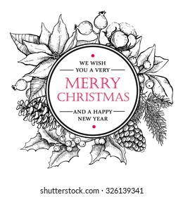 Vector Merry Christmas and Happy New Year hand drawn vintage illustration. Great for greeting and invitation cards, banners, postcards