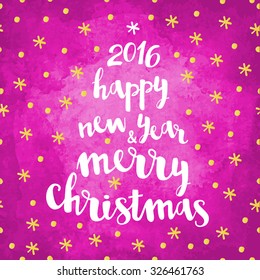 Vector Merry Christmas and Happy New Year 2016 greeting card with gold hand-drawn snowfall pattern on a pink wine background watercolor paper. Typographic christmas tree merry brush lettering