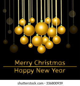 Vector Merry Christmas and Happy New Year background with heart made of golden Christmas balls 