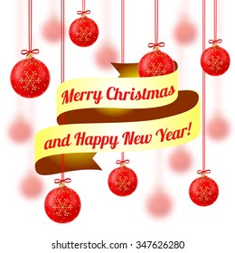 Vector. Merry Christmas and Happy New Year. Realistic crystal Christmas balls with red ribbon on a white background. Christmas red balls with red ribbon. Christmas background with a gold ribbon.