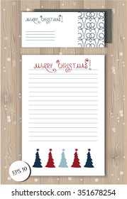 Vector Merry Christmas and Happy New Year set design. Decorative elements.Envelope and note template.Festive printable hand drawn collection.Writing mock up with christmas tree.Isolated symbols