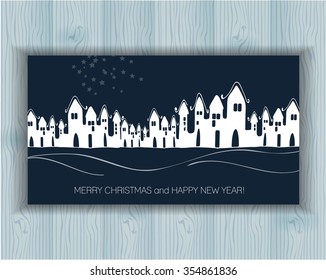 Vector Merry Christmas and Happy New Year card design.Winter city silhouette.Perfect as invitation,announcement,background.Night Snowy scenery.Festive illustration in frame with stars and lettering
