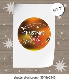 Vector Merry Christmas and Happy New Year card design.Christmas eve lettering.Template holiday.Perfect as invitation,announcement and poster.Festive illustration in frame with snow and golden stars. 