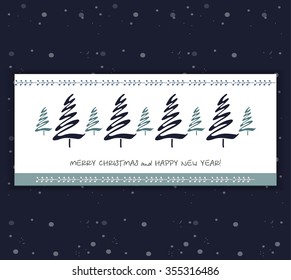 Vector Merry Christmas and Happy New Year card design.Winter forest silhouette.Perfect as invitation,announcement,wallpaper.Blue trees.Festive illustration in frame with sketched elements for holidays