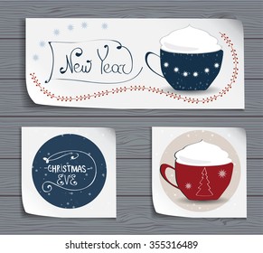 Vector Merry Christmas and Happy New Year set design.Cappuccino coffee cup.Perfect as invitation,stickers,labels,cards.Festive printable hand drawn gift collection.mock-up for celebration.