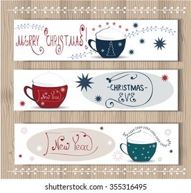 Vector Merry Christmas and Happy New Year set design.Cappuccino coffee cup.Perfect as invitation,stickers,labels.Festive printable hand drawn gift collection.note mock up for celebration.Office card