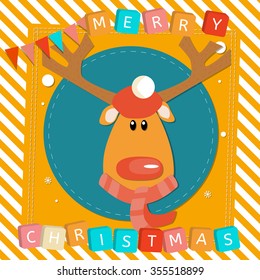 Vector Merry Christmas and happy new year scrapbooking card with text, childish stylized image of elk, deer, moose in Santa Claus hat
