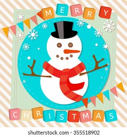 Vector Merry Christmas and happy new year scrapbooking card with text, childish stylized image of snowman and snow